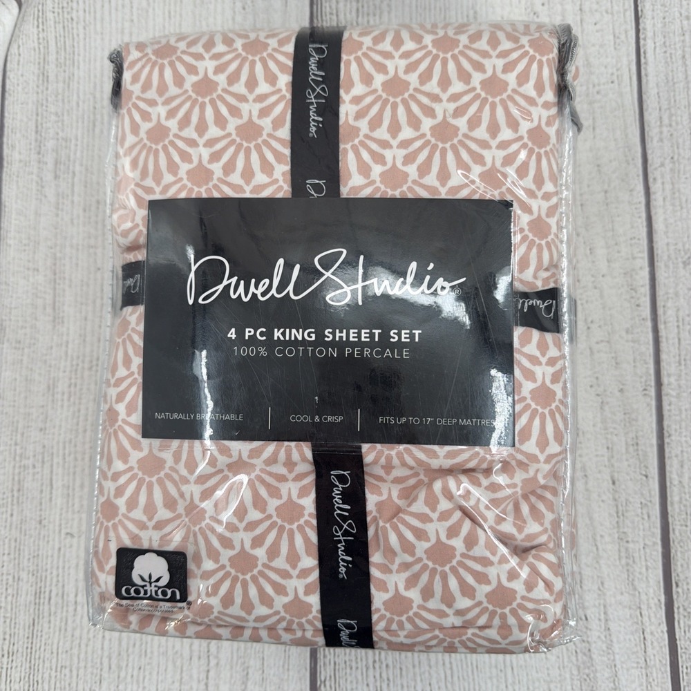 Dwell Studio Sheet Set KING White Dusty Rose Pink Floral 100% Cotton Percale